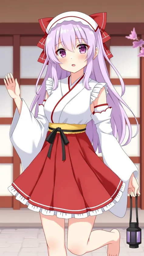 ( Best Quality :1.4),  high resolution, masterpiece,, 1girl,, Light purple hair,  Purple Eyes , ( Kemomimi), Medium chest, Bare thin thighs,, headgear, (red|White Japanese shrine maiden suit ),  Sleeveless ,, blush,, lantern, shrine,,  detailed facial ,