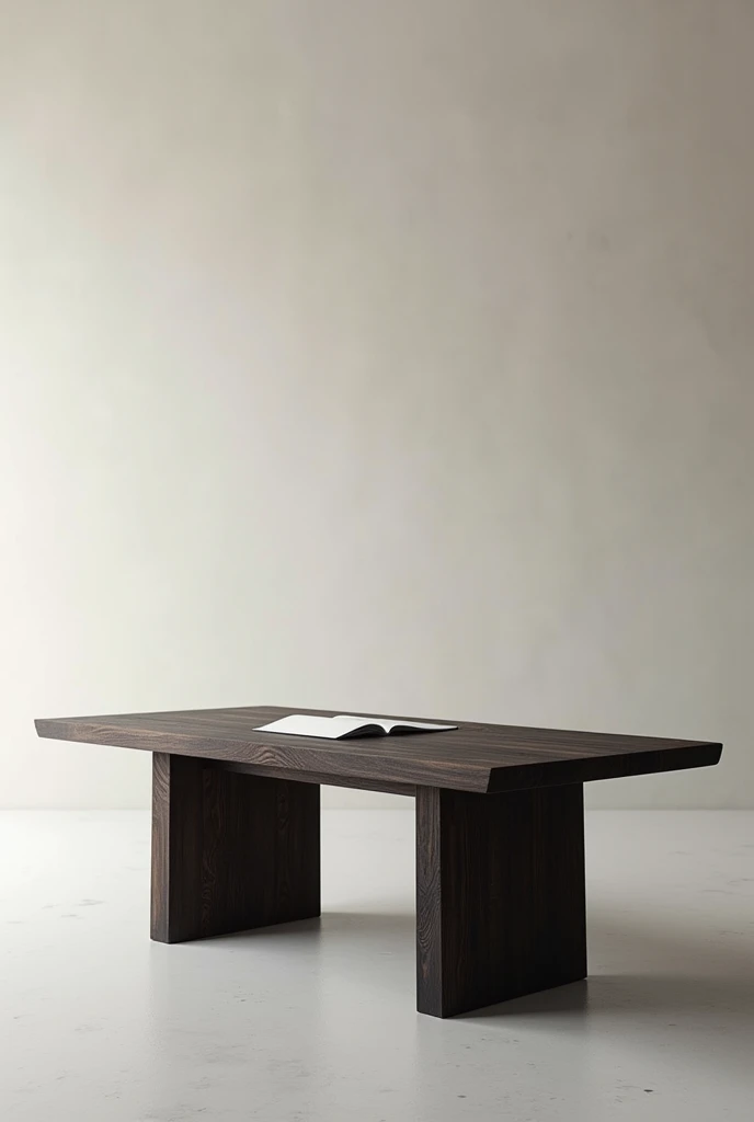 Make an image of a dark wooden table with a sheet of paper with nothing written. without walls