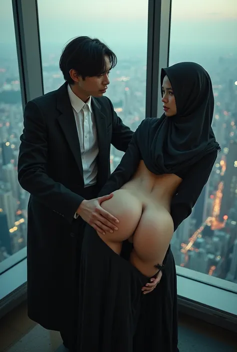 Fout Asian sissy boy in long hijab، asa bride  ,bare ass  ,spanked  teacher lap,ass view, torn clothes ,  on skyscraper , From Below, Best Quality, 