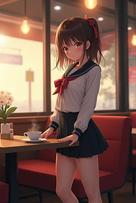 Shiori Suwano, , Beihe,  Octane Value Rendering ,  original photo, CG, alone,  standing at the coffee shop table ,  Chest next to a small “Shiori” metal nameplate ,  Pen screen ,  smiling while holding a coffee filled with hot black coffee A coffee cup ben...