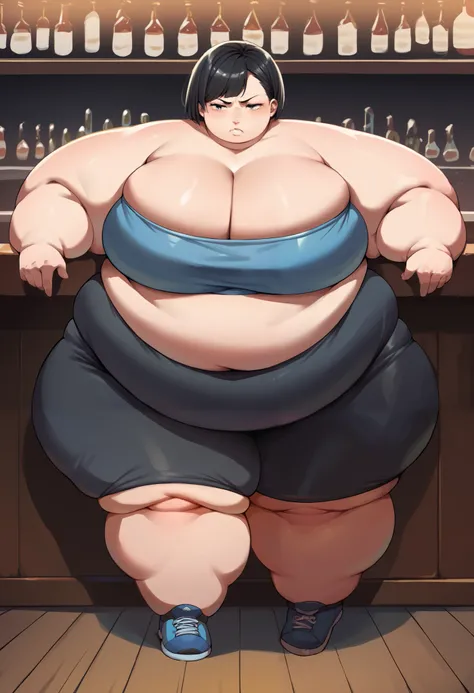 hiraguchip5, short hair, black hair, blue tube top, black bike shorts, midriff, cleavage, fat, chubby, obese, bar, full body shot, gigantic arms and legs 