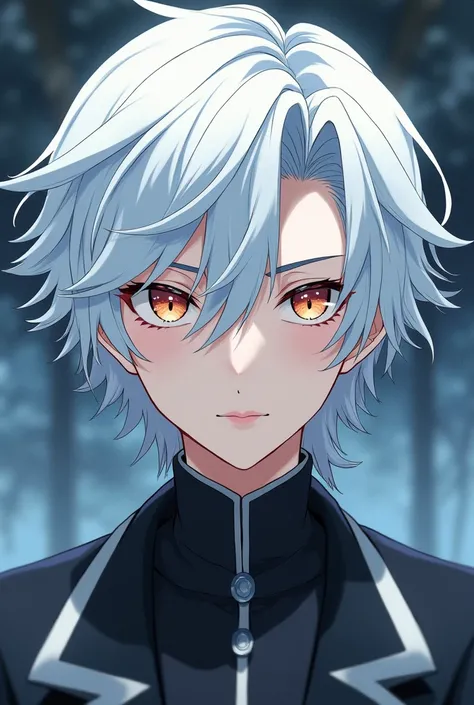 Make a handsome guy with medium hair and pale skin and white hair in anime style