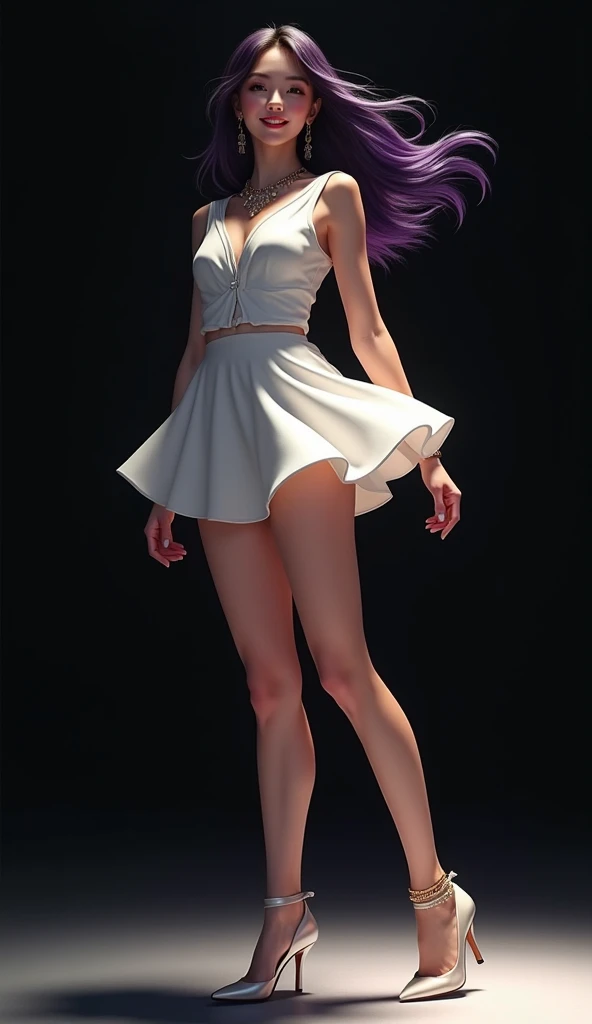 masterpiece,1girl, solo ,  light laugh ,  Metal Necklace ,  gold earrings , Gold Ankle Chain , Super Leg ,  Most Beautiful Sexy Face ,  Talking Big Round Eye ,  white shirt ,  Modern School Uniform , Accessories,  Purple Black Smooth Hair ,  Hair Flying in...