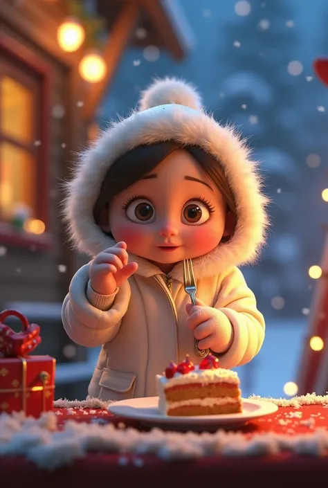 A very cute  from the 3D Pixar style deformed character animation wears a cute white parka on Christmas night and eats Christmas cake with a cute fork