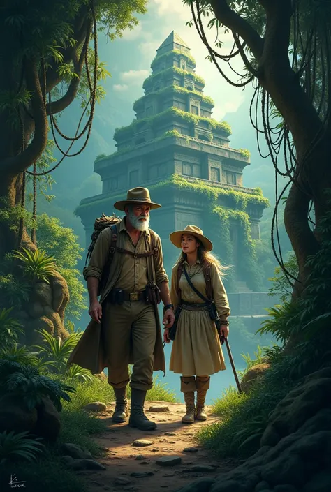  Design a cover for the book The Crown of Kimbiri . Mostre Allan Quatermain e sua esposa, amelia, dressed as explorers ,  in a dense and mysterious jungle . In the background,  an ancient temple covered with vegetation .  shining with mystical light .  Add...