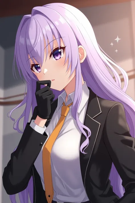  high definition ,  masterpieces ,  Anatomically Correct , Long hair, light purple hair, detective, White shirt, light orange tie, black leather coat, black leather glovesหุบปาก, distraught, thoughtful, The background is an anime detective office,  Anime P...