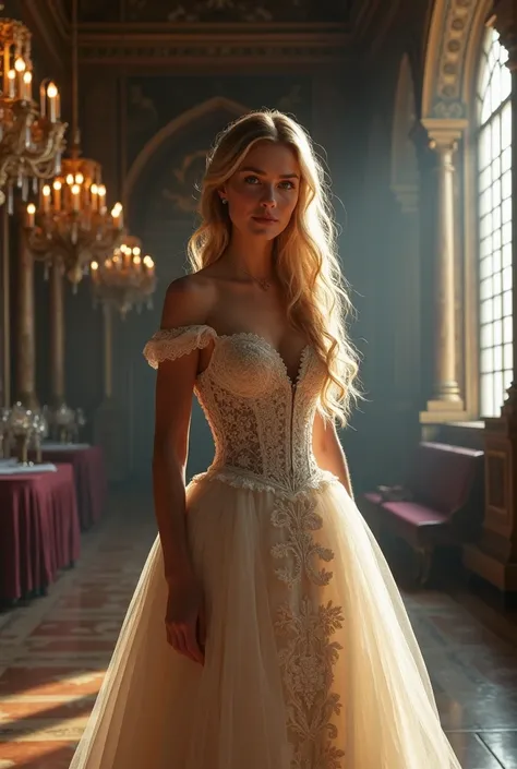 a beauty blonde princess in a castle at midnight with regency dress but the dress should not expose the bare shoulders
