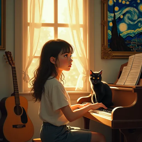 Young girl in literature and art，18 years old Sunlight enters the room through the glass window，There is a guitar and piano in the room，A black cat on a boy&#39;s shoulder，Van Gogh&#39;s Starry Night hanging on the wall