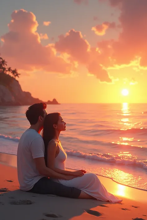 Beautiful girl and boy sitting at beach sunrise scene