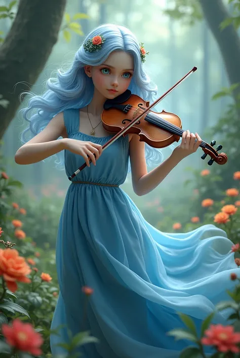 Create a beautiful girl with long light blue wavy hair. She wears a blue dress. VERY BEAUTIFUL. (Surreal beauty) She plays violin, she looks at the viewers, REALISTIC 3D drawing. Background a forest with flowers.