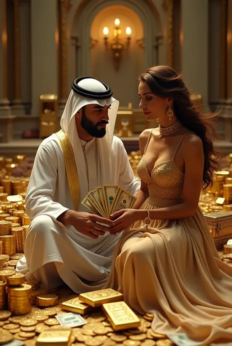  cinematic A man in a typical arabic dress ,  sits on a pile of gold coins with a beautiful brown-haired woman,, wearing an elegant gold colored dress .
 holding a large amount of paper .

 set against a room ,  there is a pile of gold bars ,  and gold coi...