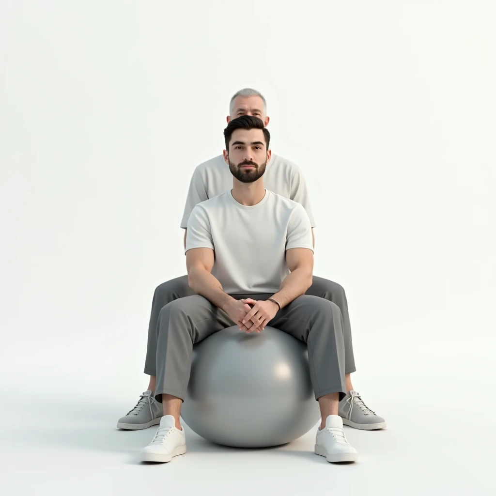 White background, A  sitting on a gym ball, Dad sitting in the back and watching, frontal, Expressionless