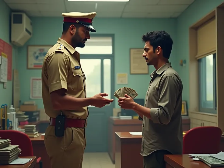 Indian Police officer accepting bribe money inside the police station
