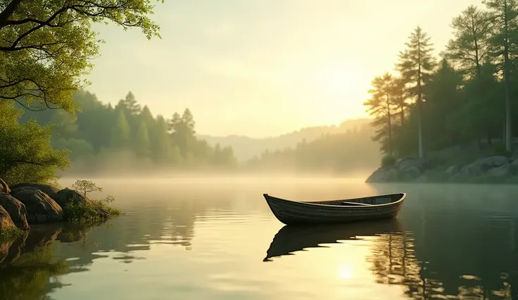 a tranquil lake with a small wooden rowboat, calm water reflecting the sky, lush green trees and foliage surrounding the lake, warm afternoon sunlight, detailed reflections, serene atmosphere, (best quality,8k,highres,masterpiece:1.2),ultra-detailed,(reali...