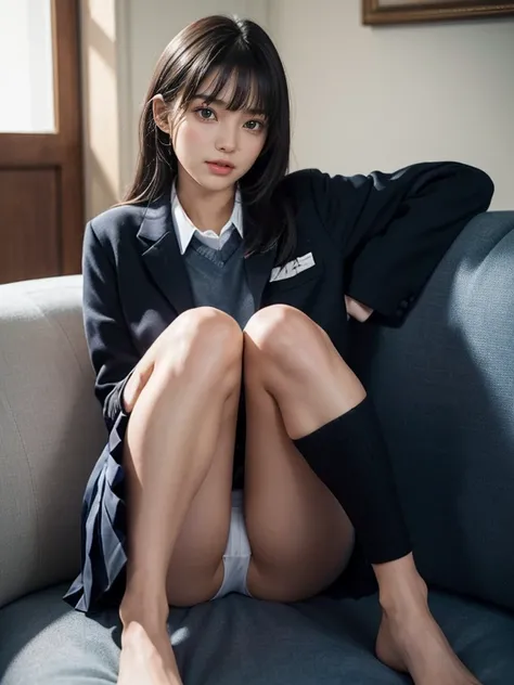 (((Dressing:1.8))), (((Reliable clothing:1.8))), (((Upskirt:1.8))), (((Face the front of your body at the camera:1.8, Sitting on a sofa with both knees bent:1.8, Sitting with both knees raised:1.8))), (((School uniform:1.8, Dark blue pleated skirt:1.5, Whi...