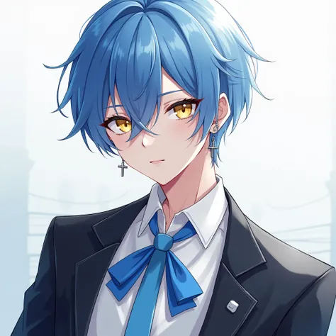 Anime boy with short blue with white hair, yellow with blue eyes, wearing cross silver earrings, wearing a white office uniform, a black coat, a blue ribbon, Half-standing masterpiece,very aesthetic,newest,nsfw