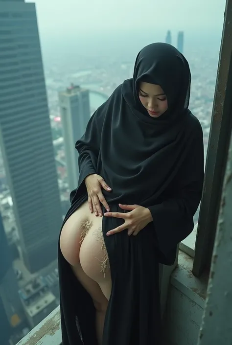 Fout Asian sissy boy in long hijab، as bride  ,bare ass  ,spanked  teacher lap,ass view, torn clothes ,  on skyscraper , From Below, Best Quality, 