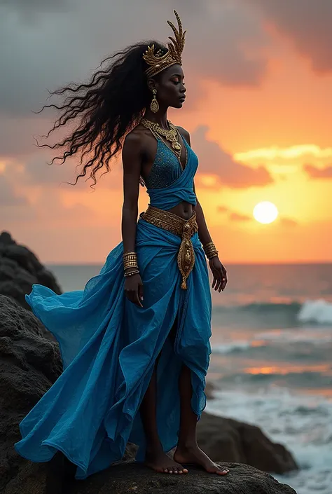  lyrics, 8K ultra HD,  A beautiful exhibition that combines a silhouette of the African goddess Yemaya with a blue tunic , necklaces, crown and bracelets ;  the African goddess Oshun in a yellow robe , necklaces, crown and bracelets ;  the old African god ...