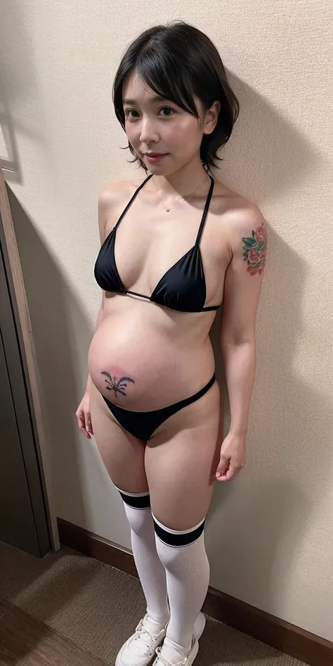 nsfw,(( micro bikini)), 1 girl,masterpiece,  best quality,  high definition ,, flat chested, small breasts,,細身の体, standing, simple backgrounds per person, black hair、 pregnant stomach 、  wearing light sportswear, ( thigh high socks ) , full body tattoos、Th...