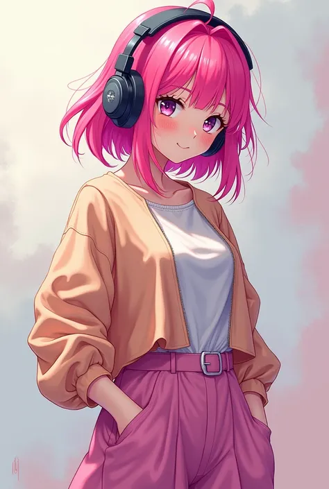 Pink Hair Girl Headphones JK Skirt Long Version Top Hand Insert Pocket Anime 