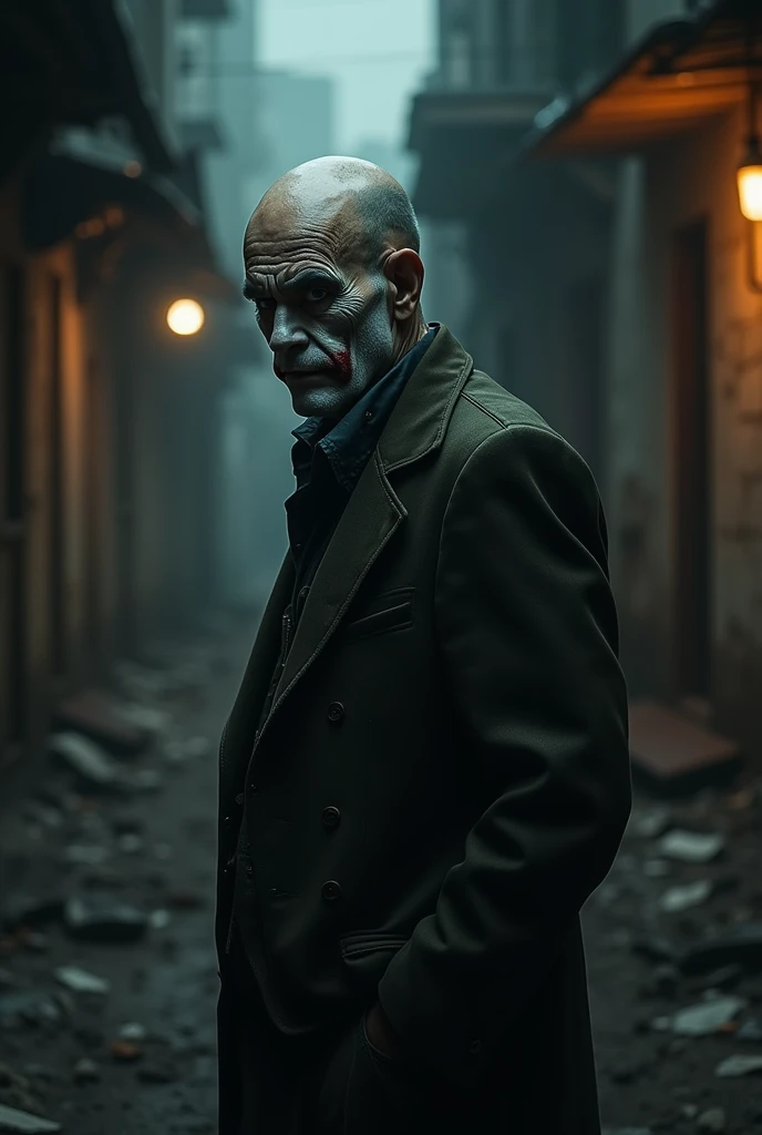 Make realistic and detailed images, of The Dark knight movie joker as bald indian man of age 50 year old