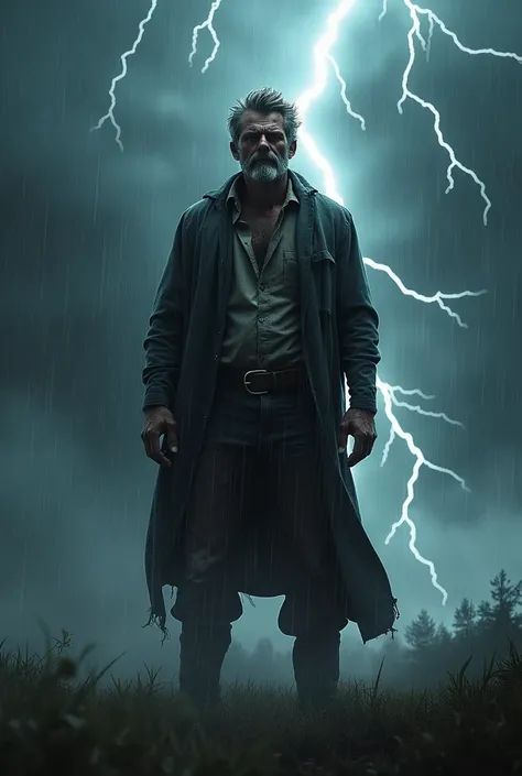 Man standing in a thunderstorm