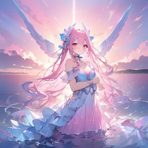 , beautiful angel々）, sexy beautiful, ribbons shaped choker, (masterpiece, highest quality), official art, beautiful and aesthetic: 1.2), (1 girl), very detailed, (mermaid in the sea art: 1.3), pink blue colorful, pink long hair、red eyes, rabbit ear, half b...