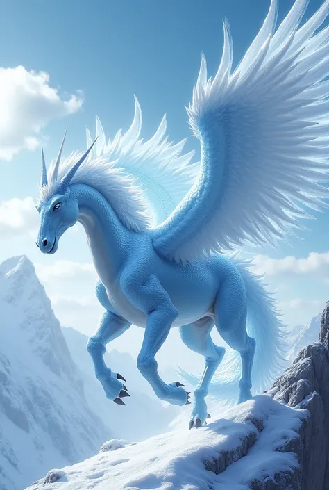 Create a terrifying hybrid fusion of an ice dragon and pegasus. This fearsome creature combines the icy blue scales and breath of an ice dragon with the majestic white wings and grace of a pegasus. Its wings are covered in frosty feathers, and its eyes are...