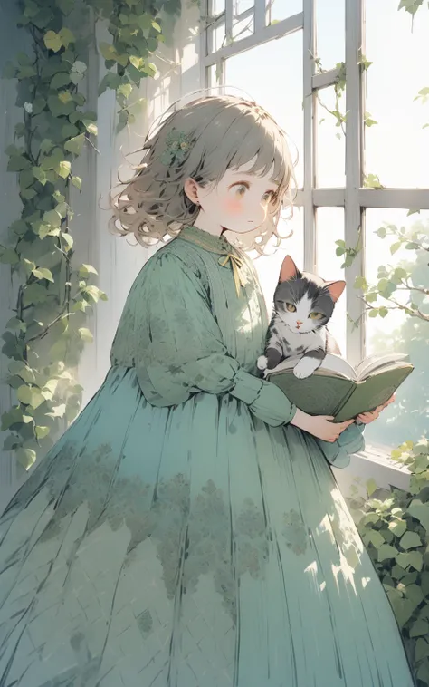 "Sunlit Window and Overgrown Ivy"

A cozy room bathed in warm sunlight from a large window, with ivy vines cascading from the window frame. A girl with soft expressions sits on the windowsill, holding a book in one hand and a cup of tea in the other. Surro...