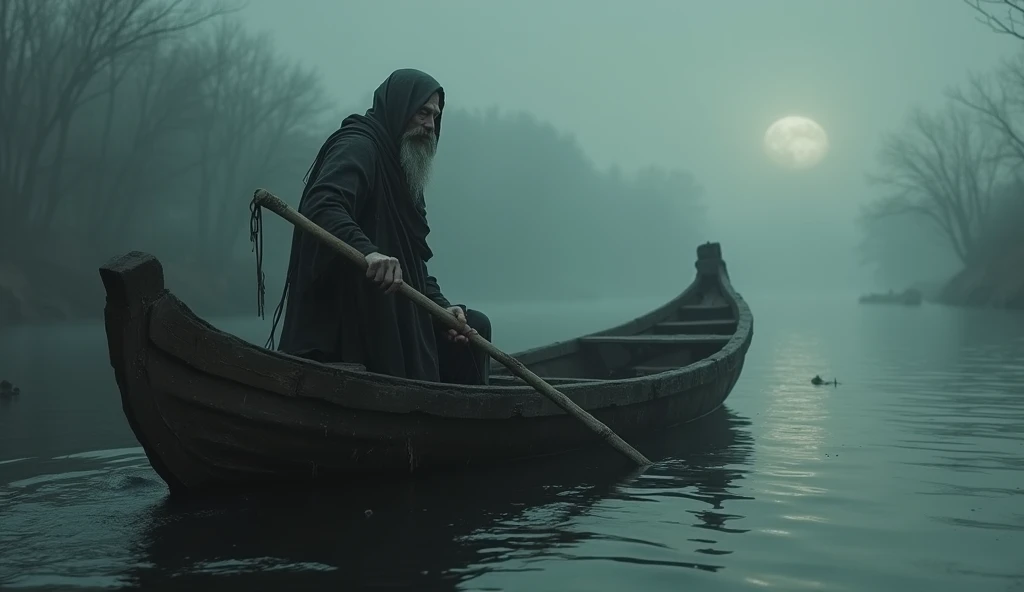 Charon on the River Styx :  An old ghost-looking boatman ,  wearing ragged robes ,  navigating the Styx River in his old wooden vessel . The scenario is bleak,  with black waters reflecting a pale light and mist covering the horizon. Style: Gloomy realism.