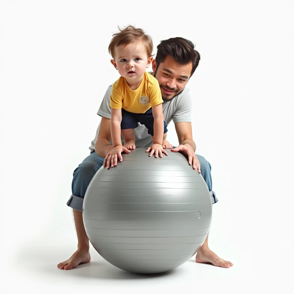 White background,  The  trying to get the center on the gym ball, Dad moving the gym ball from behind , frontal