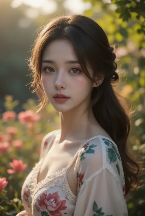 a charming young woman, beautiful detailed eyes, beautiful detailed lips, extremely detailed face, long eyelashes, delicate facial features, porcelain skin, flowing dark hair, serene expression, elegant dress, standing in a lush garden, surrounded by color...