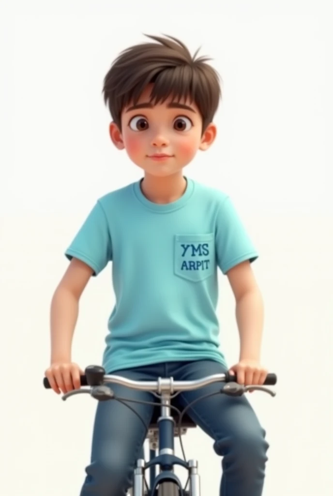 A  old boy with  light sky blue t  shirt  and school bag sit on white 
bicycle and the  name on the pocket of shirt is YMS and Arpit