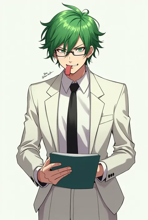 Green haired man alone wearing clear glasses wearing white suit, black tie, tongue licking, playful looking, holding anime notebook