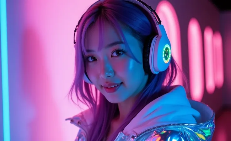 Excellent quality 8K  ,close-up photo of cute Thai women ,Blue eyes, Light Purple Hair,, wearing LED headphones and a holographic jacket. She stood in the middle, looking straight at the camera with a smile. ,There was a light shining on her face, making i...