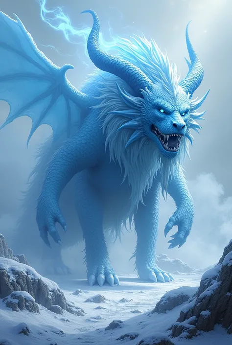 Create a terrifying hybrid fusion of an ice dragon and chimera. This fearsome creature combines the icy blue scales and breath of an ice dragon with the multiple heads and ferocious features of a chimera, including the goat, lion, and serpent. Its eyes are...