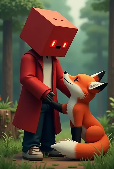 Make a square man character like Minecraft with a red coat and a white shirt underneath with long black pants with red eyes with shoes on the bottom of the white shoe while 
Are you stroking a fox