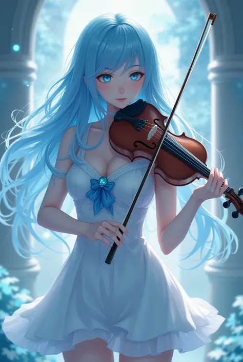 a beautiful, goddess, realistic, character young girl, 18 years old. Pale skin. With long, wavy blue hair. Sky blue eyes. Short white dress. She plays violin. She looks at the viewers, in front of her. Blue dress. Very very realistic girl. 