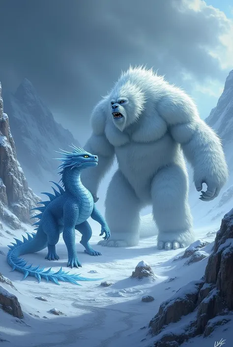 Depict both the ice dragon and yeti in a single frame with the same desolate background. The environment emits frost from the ground, creating a snow-covered landscape. Background: a snow-covered mountain range with icy cliffs and a dark, stormy sky. The i...