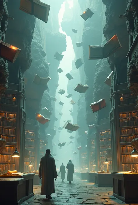  An infinite library , on an island in the sky ,  with books flying everywhere.