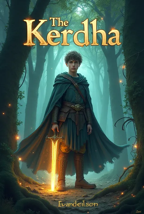 A digital art book cover features a young male protagonist with striking features, wearing a medieval-inspired outfit with a flowing cape. He holds a glowing sword, standing in a mysterious, enchanted forest filled with swirling magical energy. The backgro...