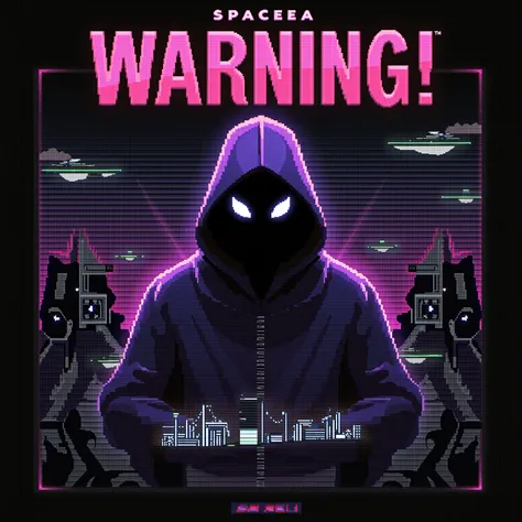 Let it be pixel drawing and phonk song suitable for album cover and in neon style and cool like cyberpunk song name is WARNING! ARTIST NAME IS SPACEEA