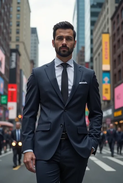 real man, Cabelo Curtu Preto , well-groomed beard,  brown eyes ,  in a suit on a busy avenue