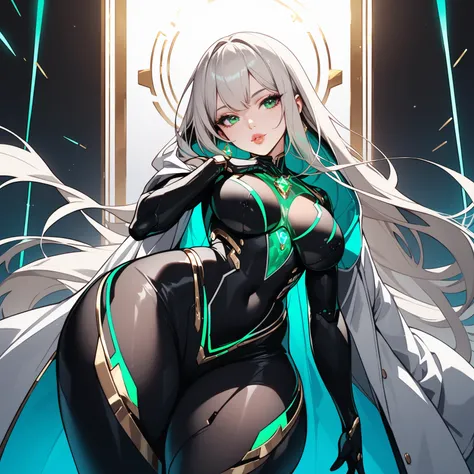 1girl, human-like robot woman, long flowing platinum blond hair with silver streaks, glowing emerald green eyes with faint golden circuitry, flawless synthetic skin with a soft natural glow, sleek form-fitting black robot suit with pulsing gold accents, lo...