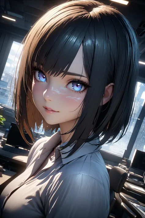 unreal engine, A gaze that captivates the viewer, dynamic angle, face focus, looking side, cute face, glowy skin, detailed hair, straight bob hair, beautiful breasts, business suit, dress shirt, office, 