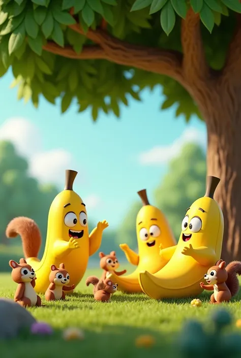 "A group of bananas gossiping under a tree while s play around, showing a calm and lively atmosphere." 3d cartoon