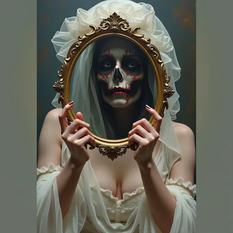  picture of a woman in a white dress , woman holds a mirror by her hand in front of her face, mirror covers face , death is reflected in the mirror, detailed 3d gothic  oil painting ,  fascinatingly beautiful art , , extremly detailed  oil painting , Early...