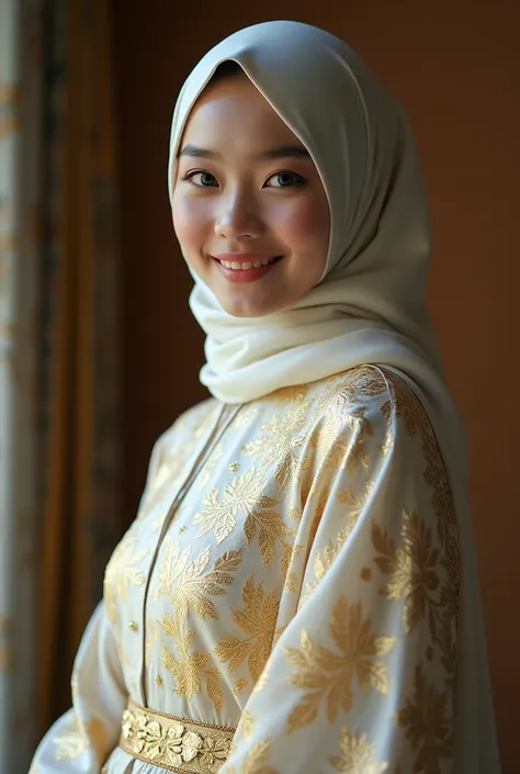 Real photo full body {{{Cinematic}}}} girl in hijab age 25 old with blue eyes Asian face wearing gold color white batik dress with magic design looks aesthetic with flowers looking alive with aura that exudes joy and joy of a work of art that looks luxurio...