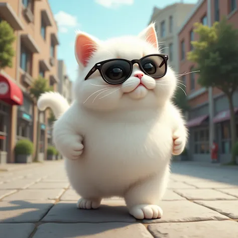 Hello Kitty with excellent style。Take a plump white cat wearing sunglasses for a walk。Realistic。High image quality。