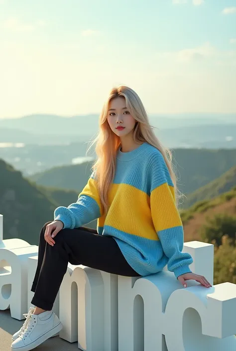 a beautiful koreab woman aged 28 ,blonde long hair ,wearing cool sweater blue mix yellow,black long trousser sitting on a 3d white text block that says "HSC Family". background view from the hill